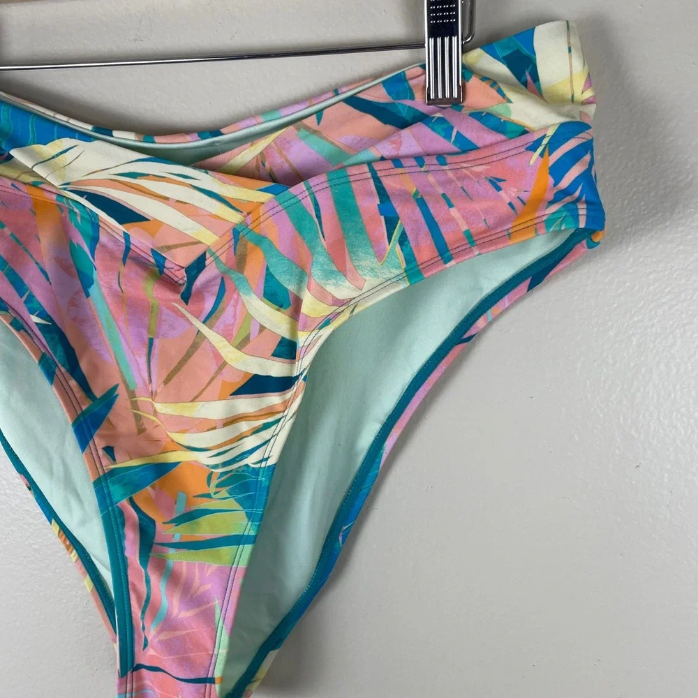Cupshe Women's XL Swim Bottoms Multicolor Tropical Palm High‎ Waist 80s